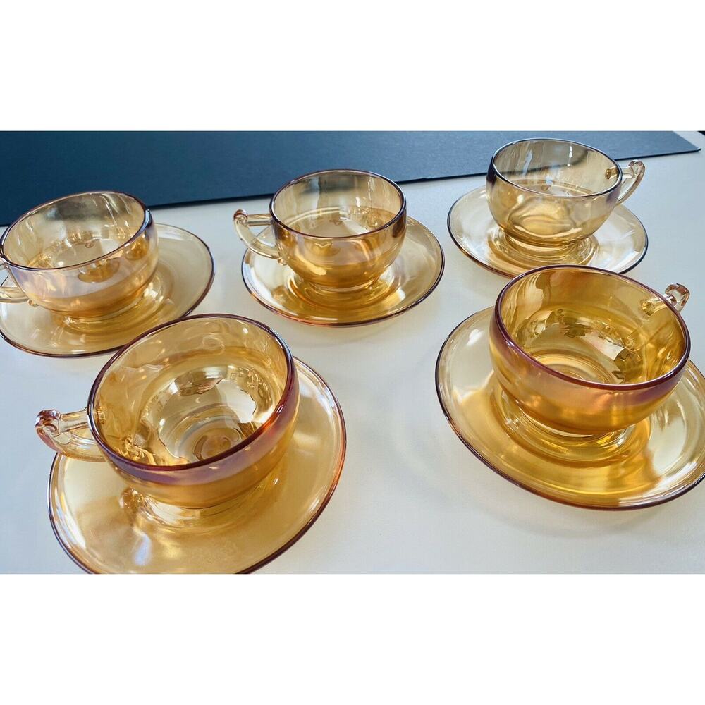 Vintage Jeanette Marigold Carnival Glass Iridescent Camellia 5 Teacups/Saucers - Picture 9 of 11